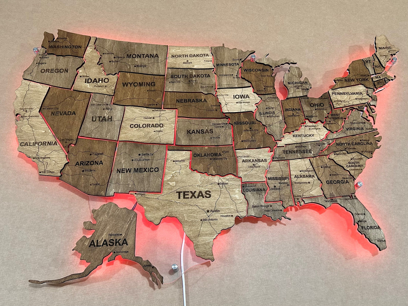 The USA LED RGB map on acrylic glass with roads and backlighting between states palette Rosewood