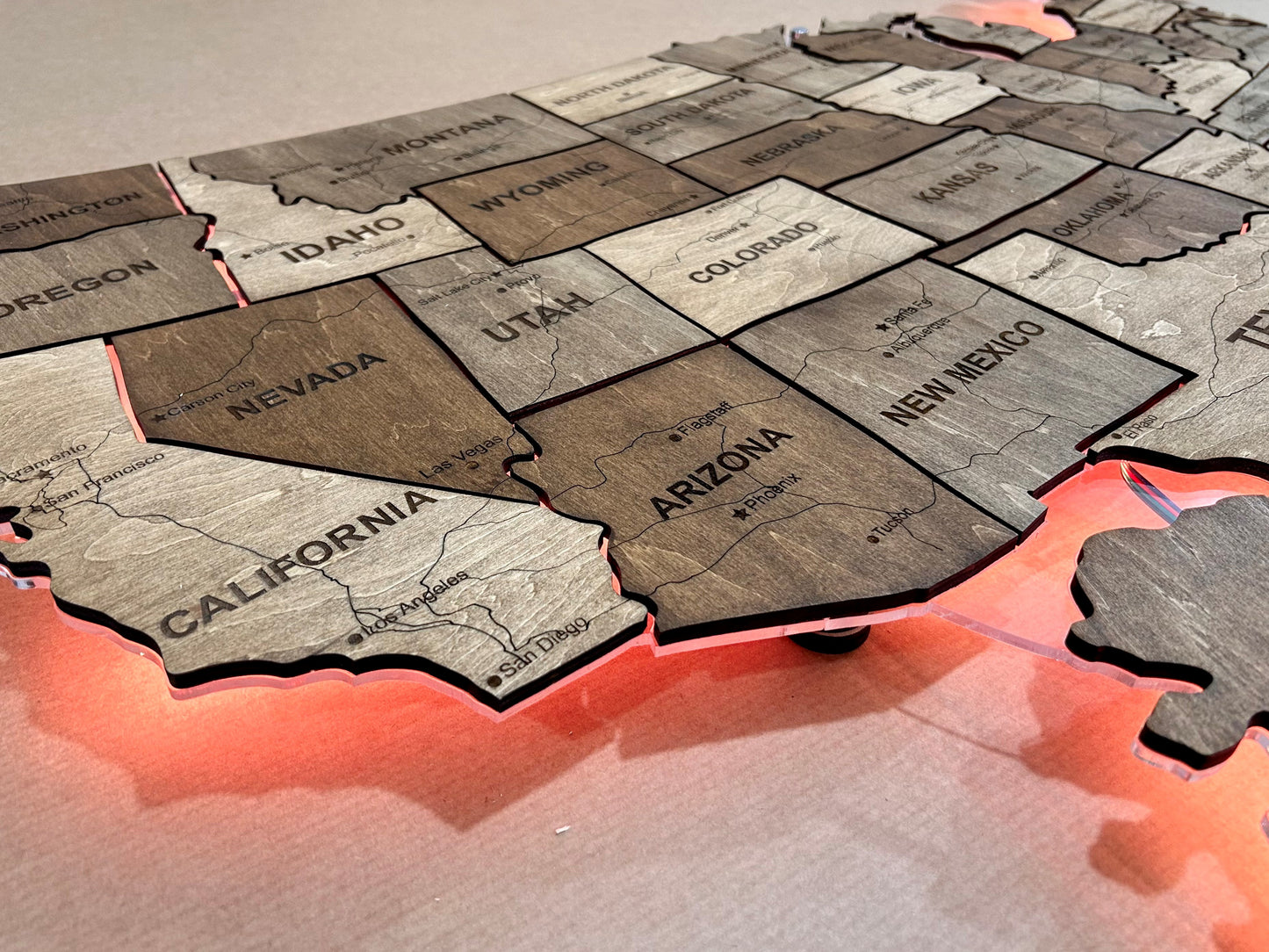 The USA LED RGB map on acrylic glass with roads and backlighting between states palette Rosewood