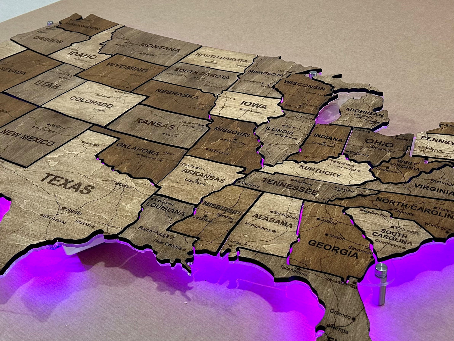 The USA LED RGB map on acrylic glass with roads and backlighting between states palette Rosewood