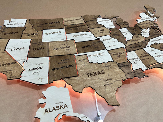 The USA LED map on acrylic glass with roads and backlighting between states color Terra