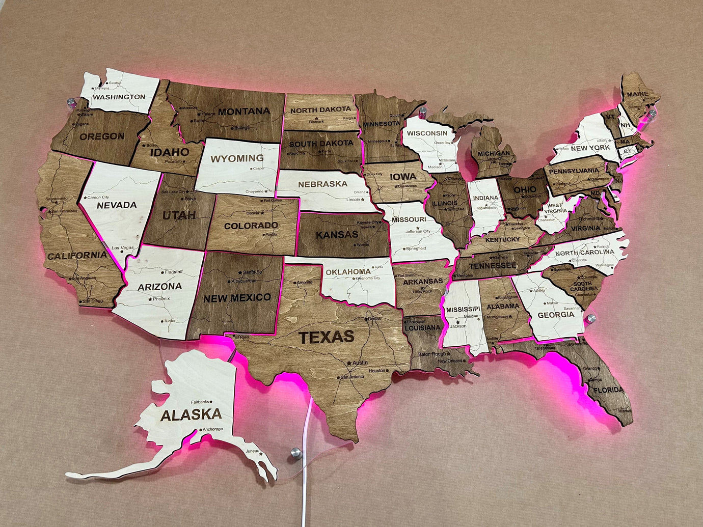 The USA LED RGB map on acrylic glass with roads and backlighting between states color Terra