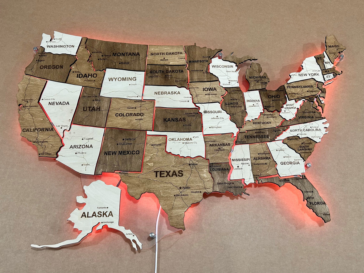 The USA LED RGB map on acrylic glass with roads and backlighting between states color Terra