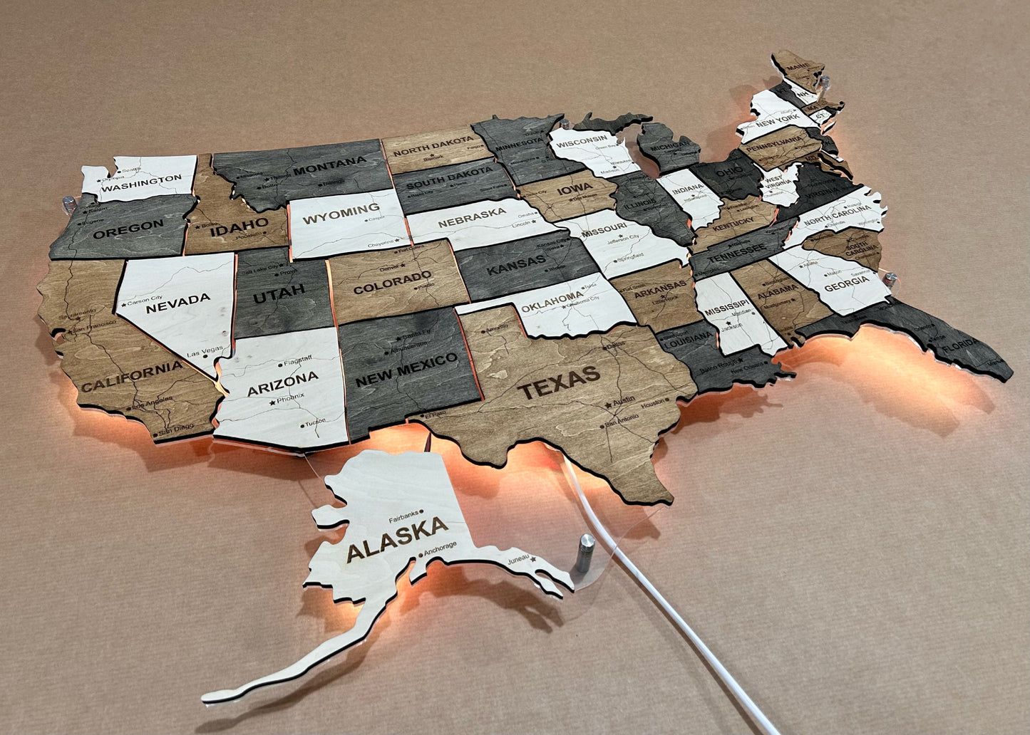 The USA LED RGB map on acrylic glass with roads and backlighting between states color Wander