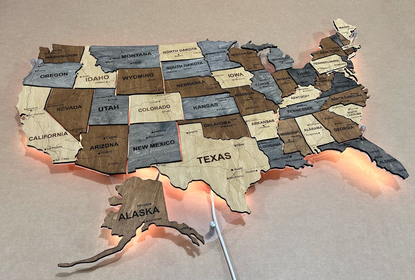 The USA LED map on acrylic glass with roads and backlighting between states color Brut