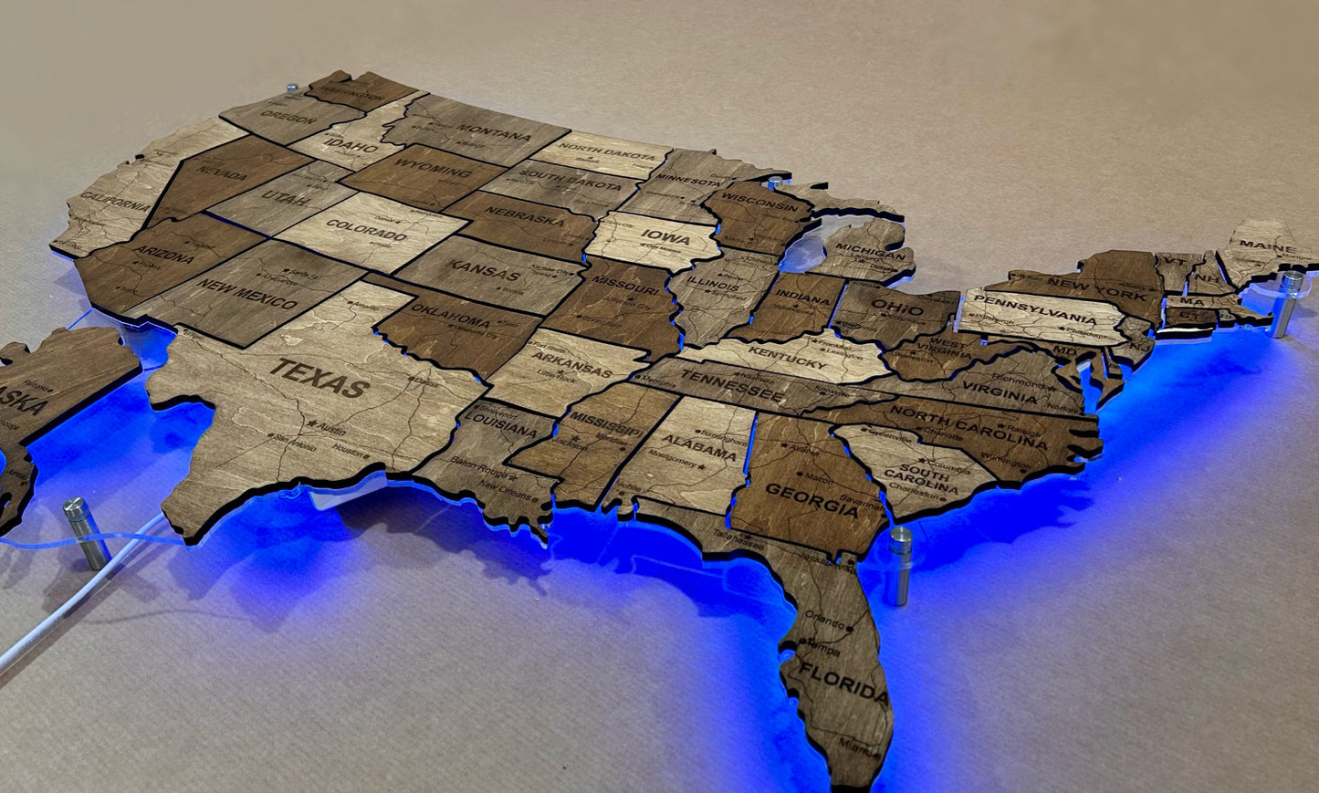 The USA LED RGB map on acrylic glass with roads and backlighting between states palette Rosewood