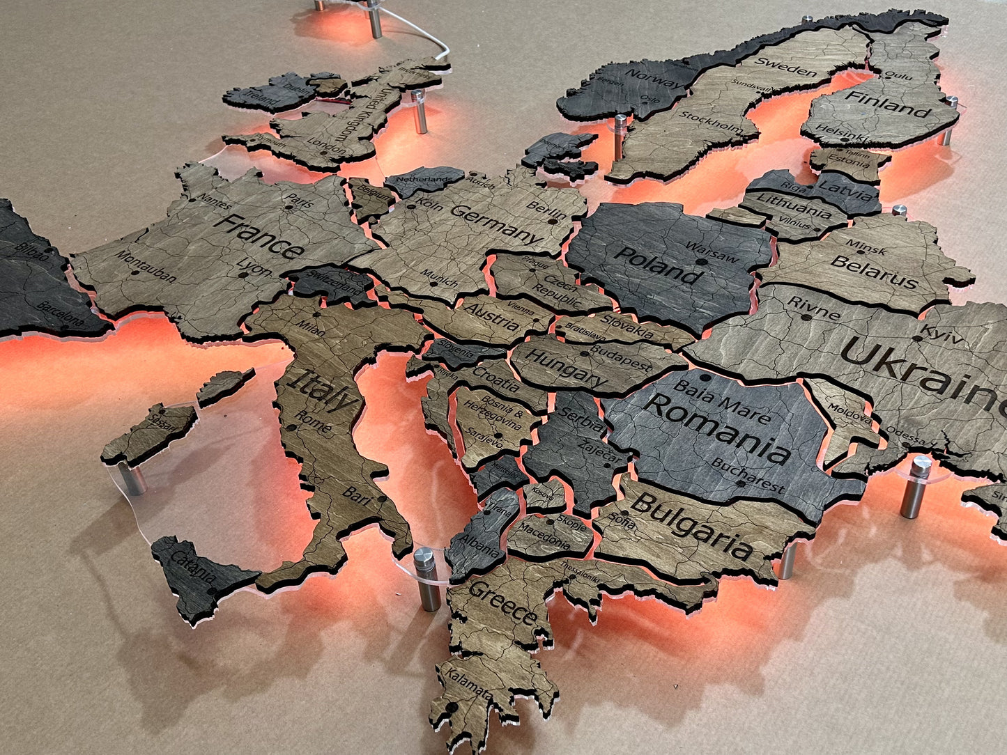 Europe LED RGB map on acrylic glass with backlighting between countries color Dark Tree