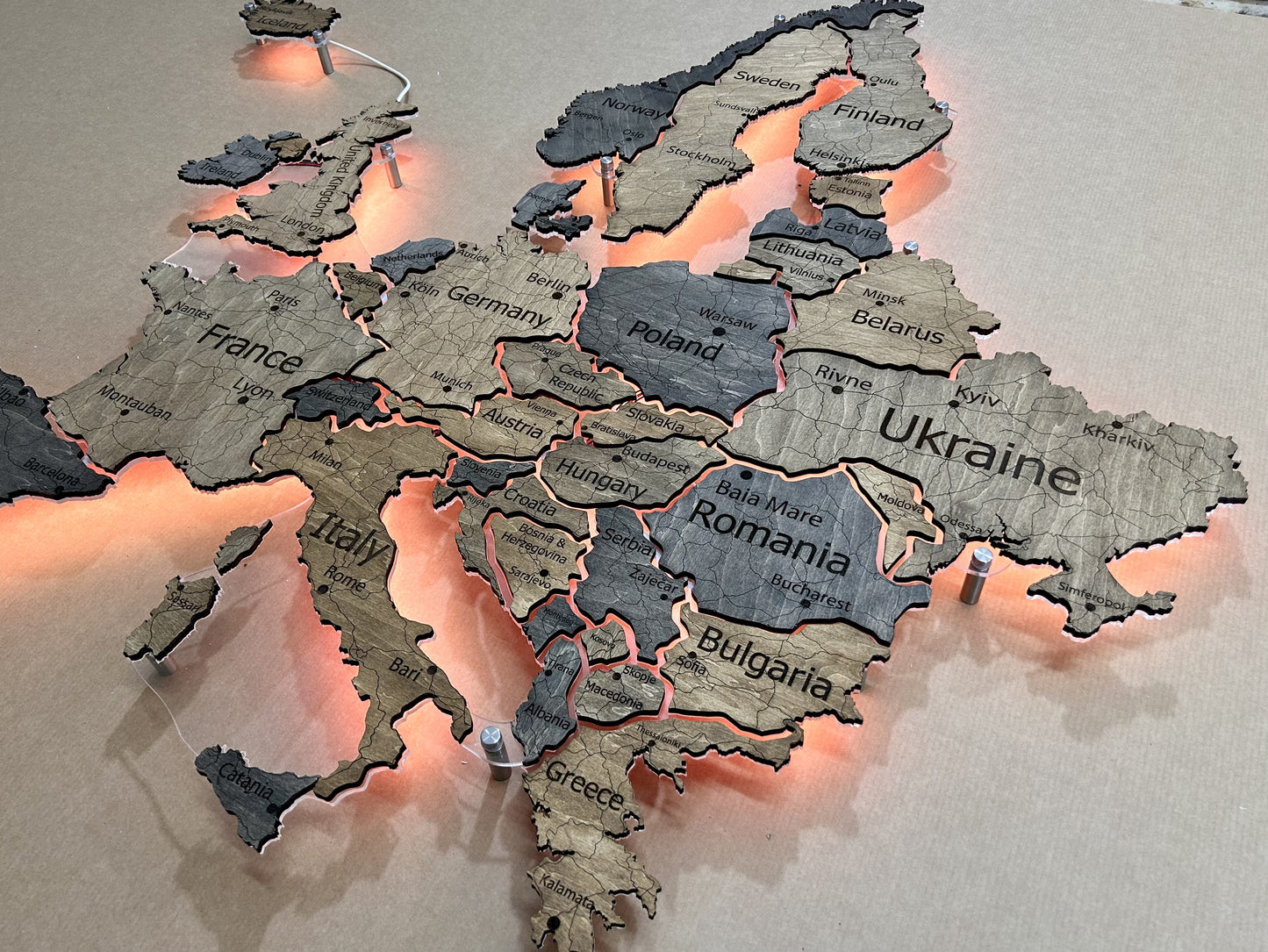 Europe LED RGB map on acrylic glass with backlighting between countries color Dark Tree