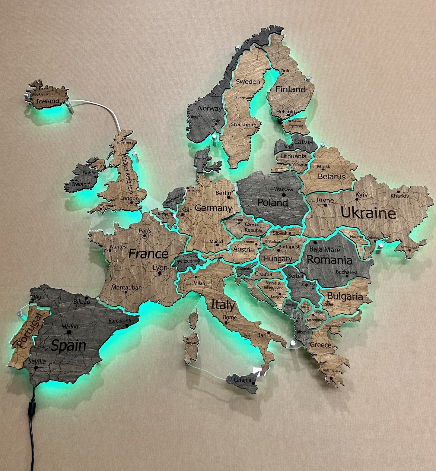 Europe LED RGB map on acrylic glass with backlighting between countries color Dark Tree