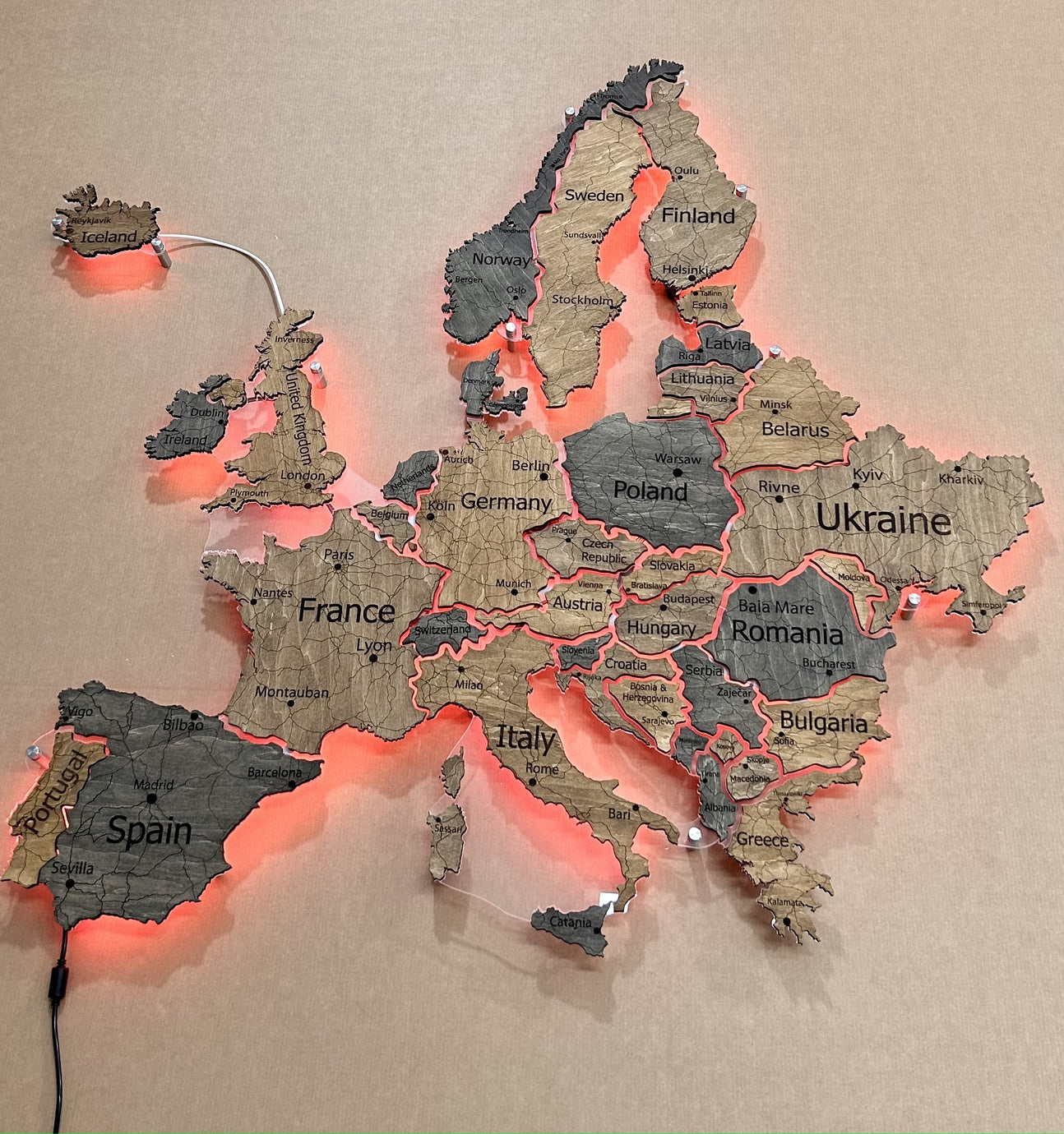 Europe LED RGB map on acrylic glass with backlighting between countries color Dark Tree