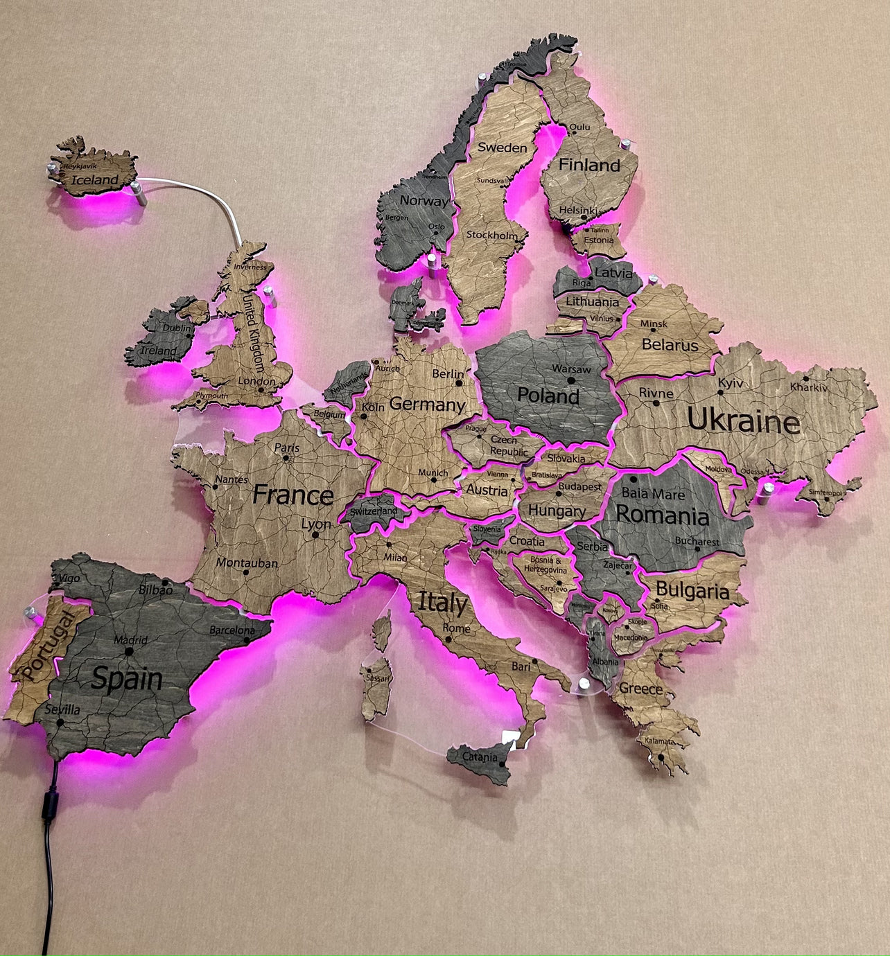 Europe LED RGB map on acrylic glass with backlighting between countries color Dark Tree