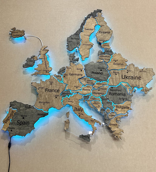 Europe LED RGB map on acrylic glass with backlighting between countries color Dark Tree