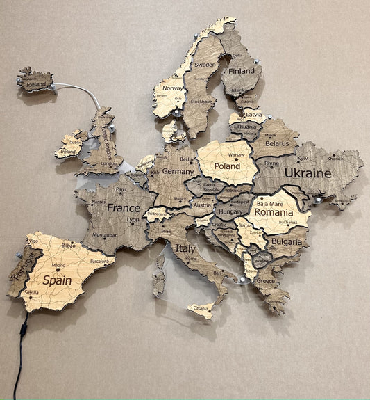 Europe LED map on acrylic glass with backlighting between countries color Nobel