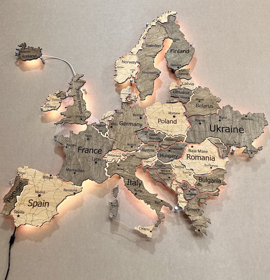 Europe LED map on acrylic glass with backlighting between countries color Nobel