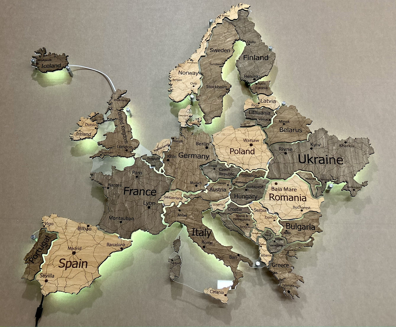Europe LED RGB map on acrylic glass with backlighting between countries color Nobel