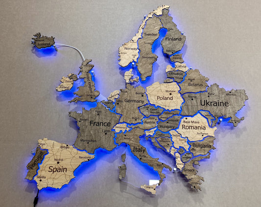 Europe LED RGB map on acrylic glass with backlighting between countries color Nobel