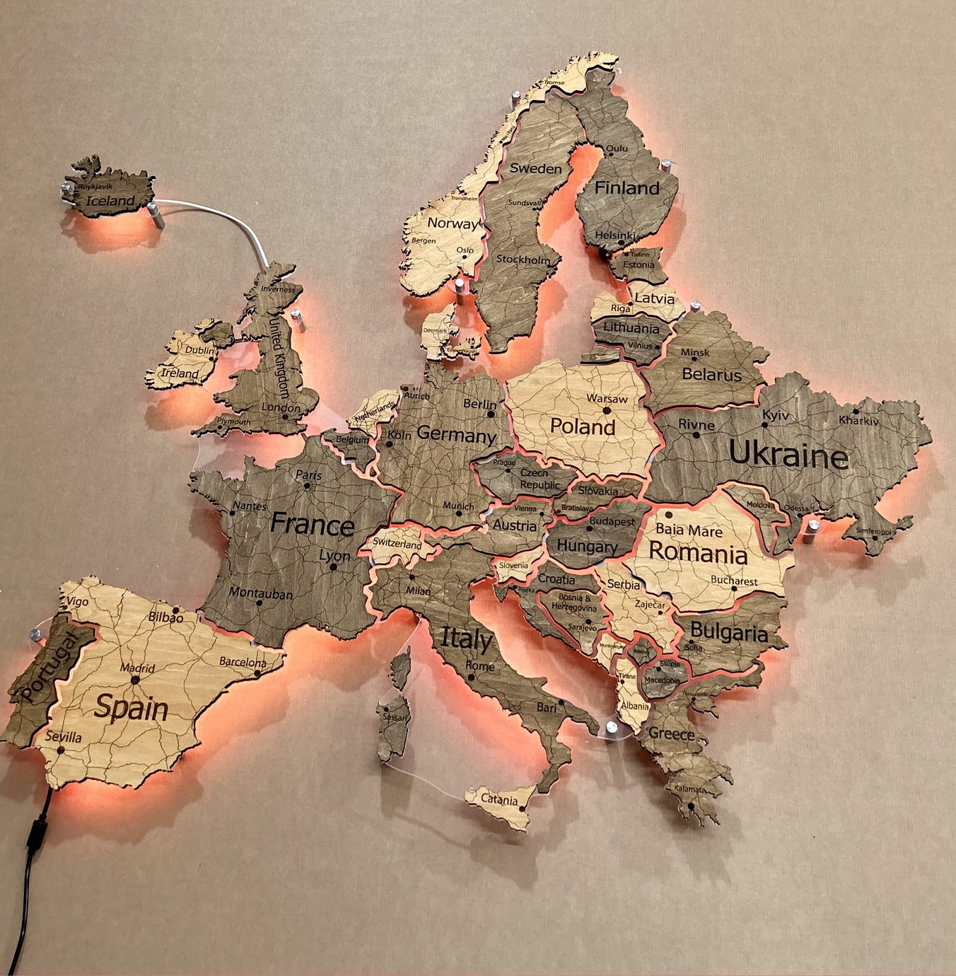 Europe LED RGB map on acrylic glass with backlighting between countries color Nobel