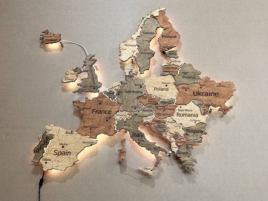 Europe LED map on acrylic glass with backlighting between countries color Warm