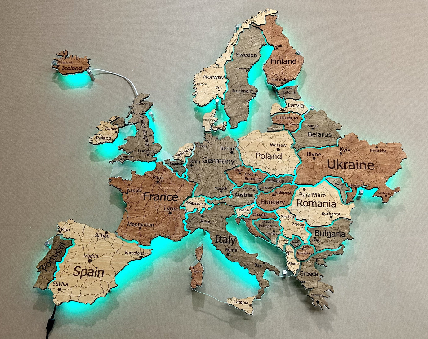 Europe LED RGB map on acrylic glass with backlighting between countries color Warm