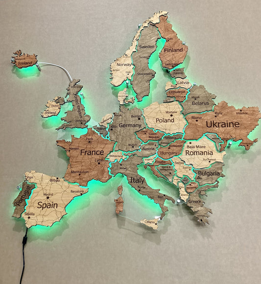 Europe LED RGB map on acrylic glass with backlighting between countries color Warm