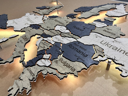 Europe LED map on acrylic glass with backlighting between countries color Deep