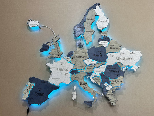 Europe LED RGB map on acrylic glass with backlighting between countries color Deep