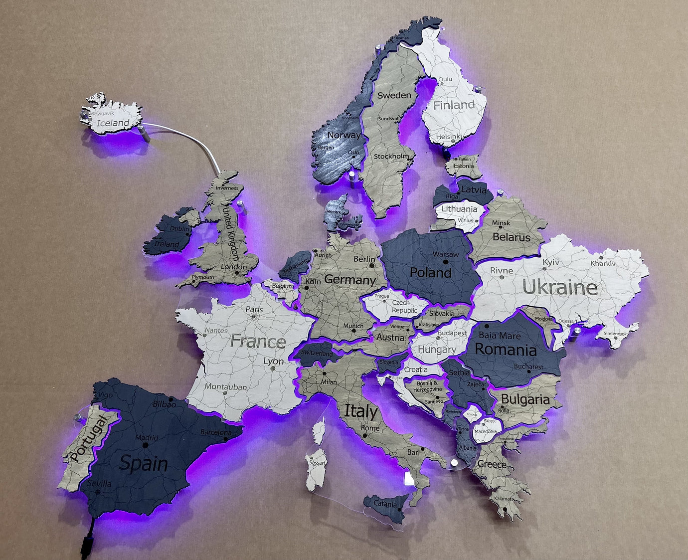 Europe LED RGB map on acrylic glass with backlighting between countries color Deep