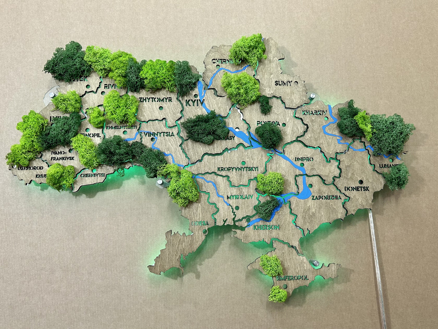 Ukraine RGB LED map on acrylic glass with rivers, moss and backlighting  between regions color Venge