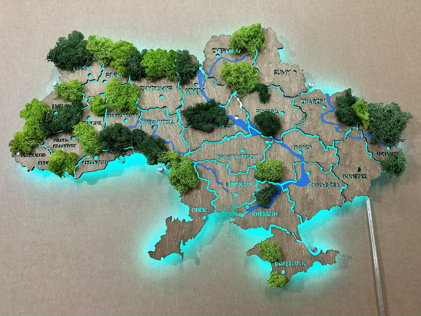 Ukraine RGB LED map on acrylic glass with rivers, moss and backlighting  between regions color Venge
