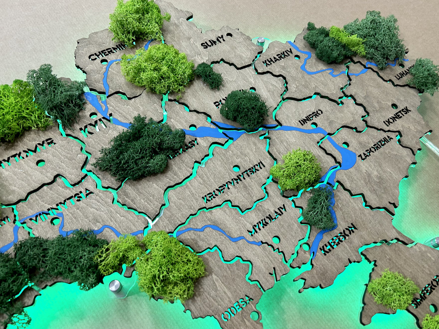 Ukraine RGB LED map on acrylic glass with rivers, moss and backlighting  between regions color Venge