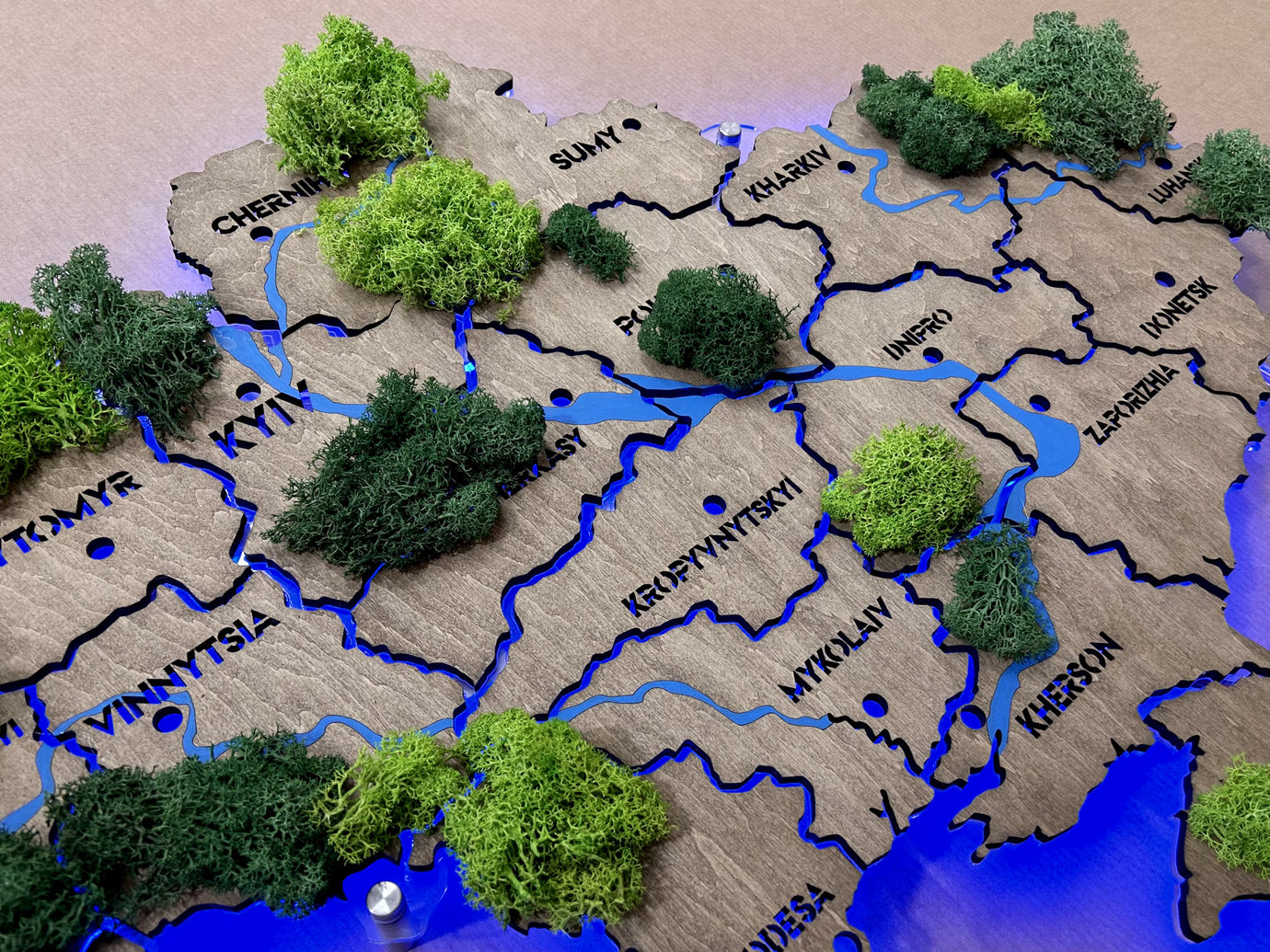 Ukraine RGB LED map on acrylic glass with rivers, moss and backlighting  between regions color Venge