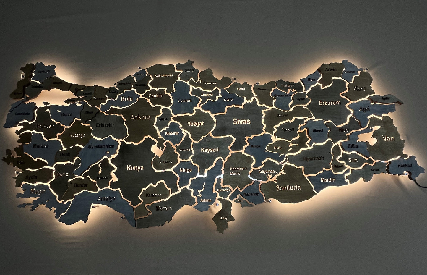 Turkey LED map on acrylic glass with backlighting between regions color Nerium