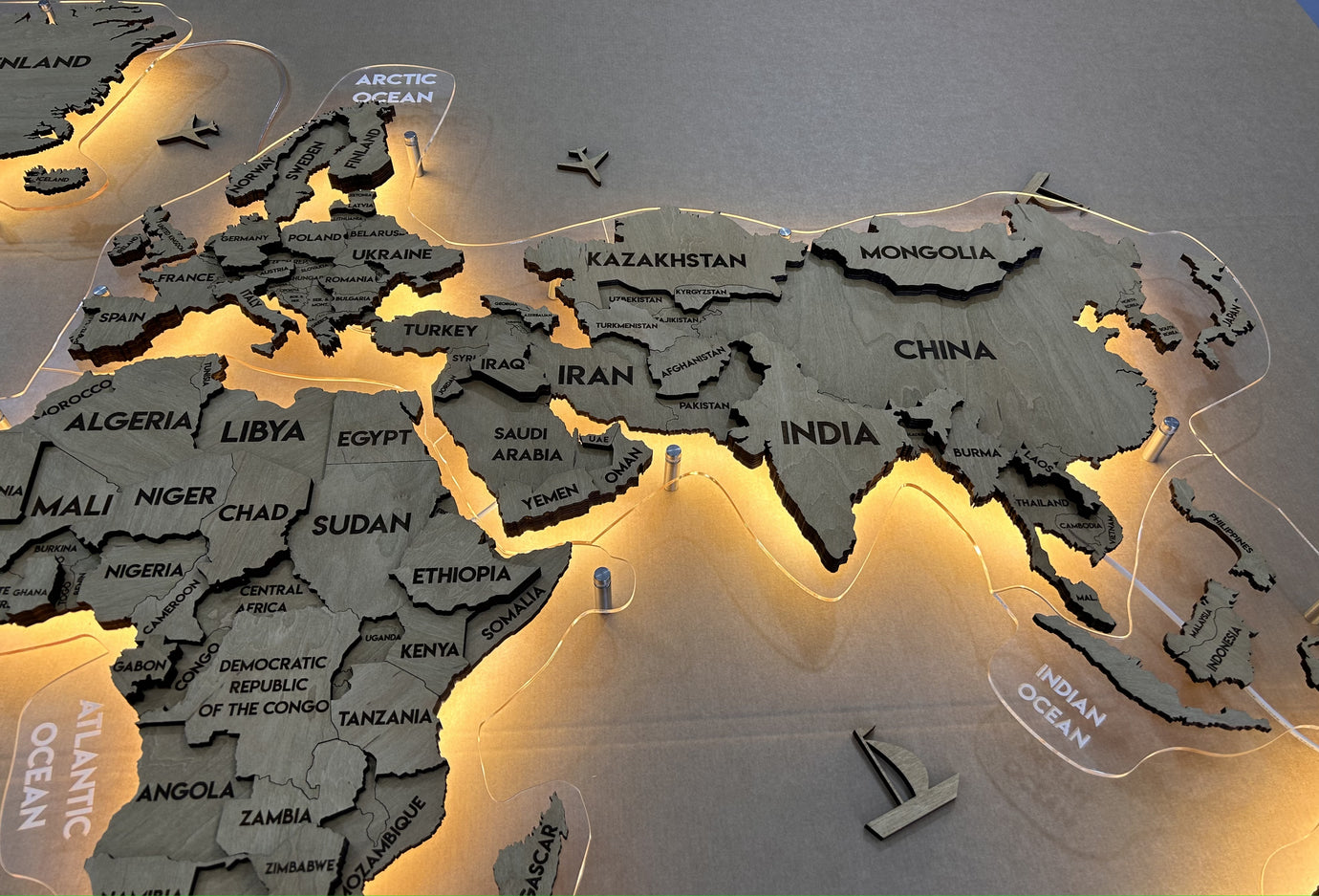 Multilayer world LED map on acrylic glass color Oak (without russia)