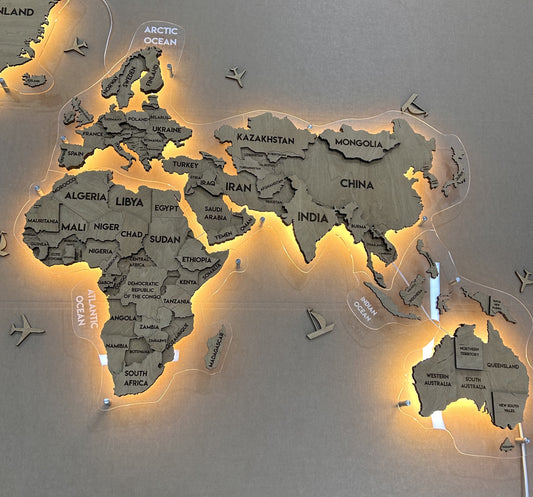 Multilayer world LED map on acrylic glass color Oak (without russia)