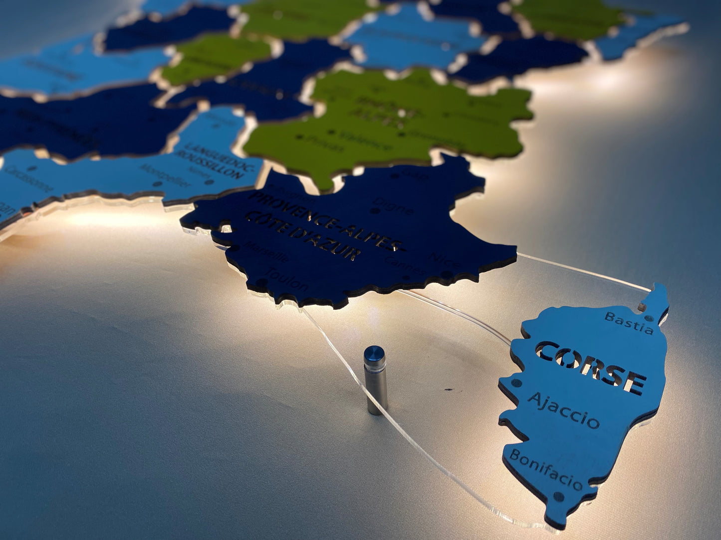 France LED map on acrylic glass with backlighting between regions color Urban