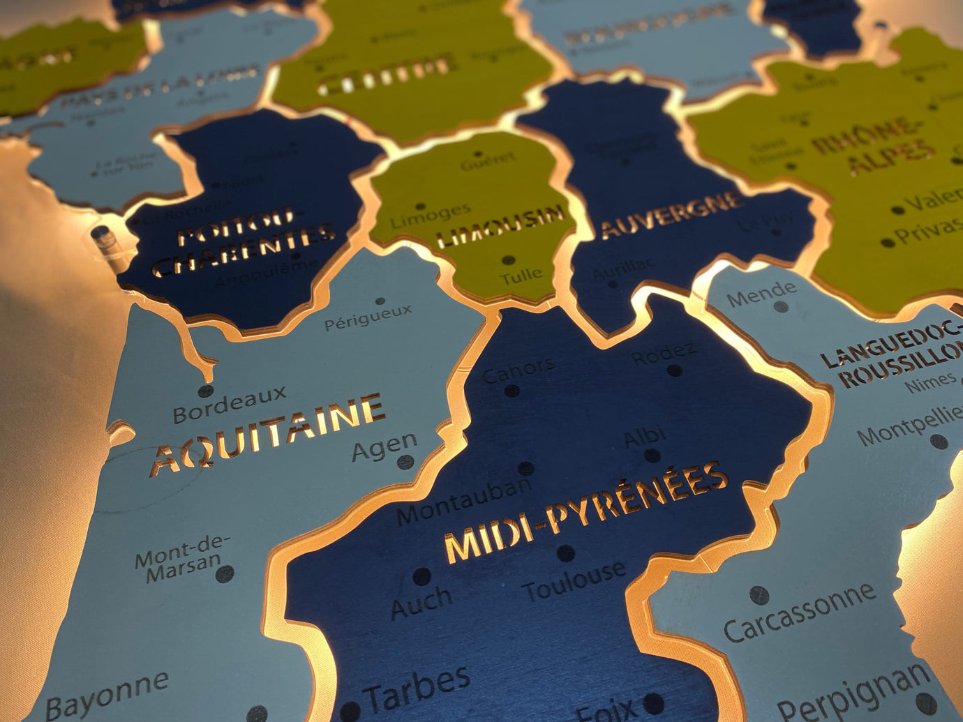France LED map on acrylic glass with backlighting between regions color Urban
