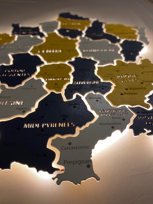 France LED map on acrylic glass with backlighting between regions color Urban
