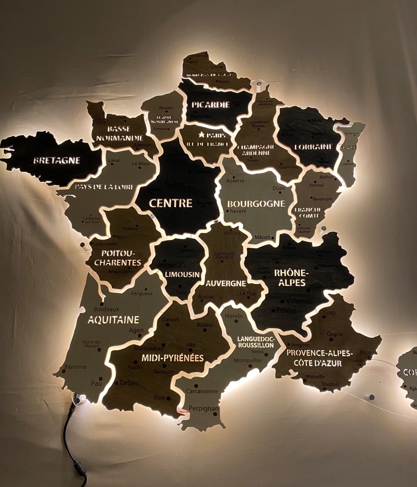 France LED map on acrylic glass with backlighting between regions color Bordo