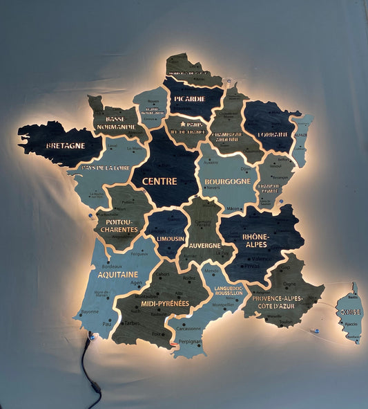 France LED map on acrylic glass with backlighting between regions color Bordo