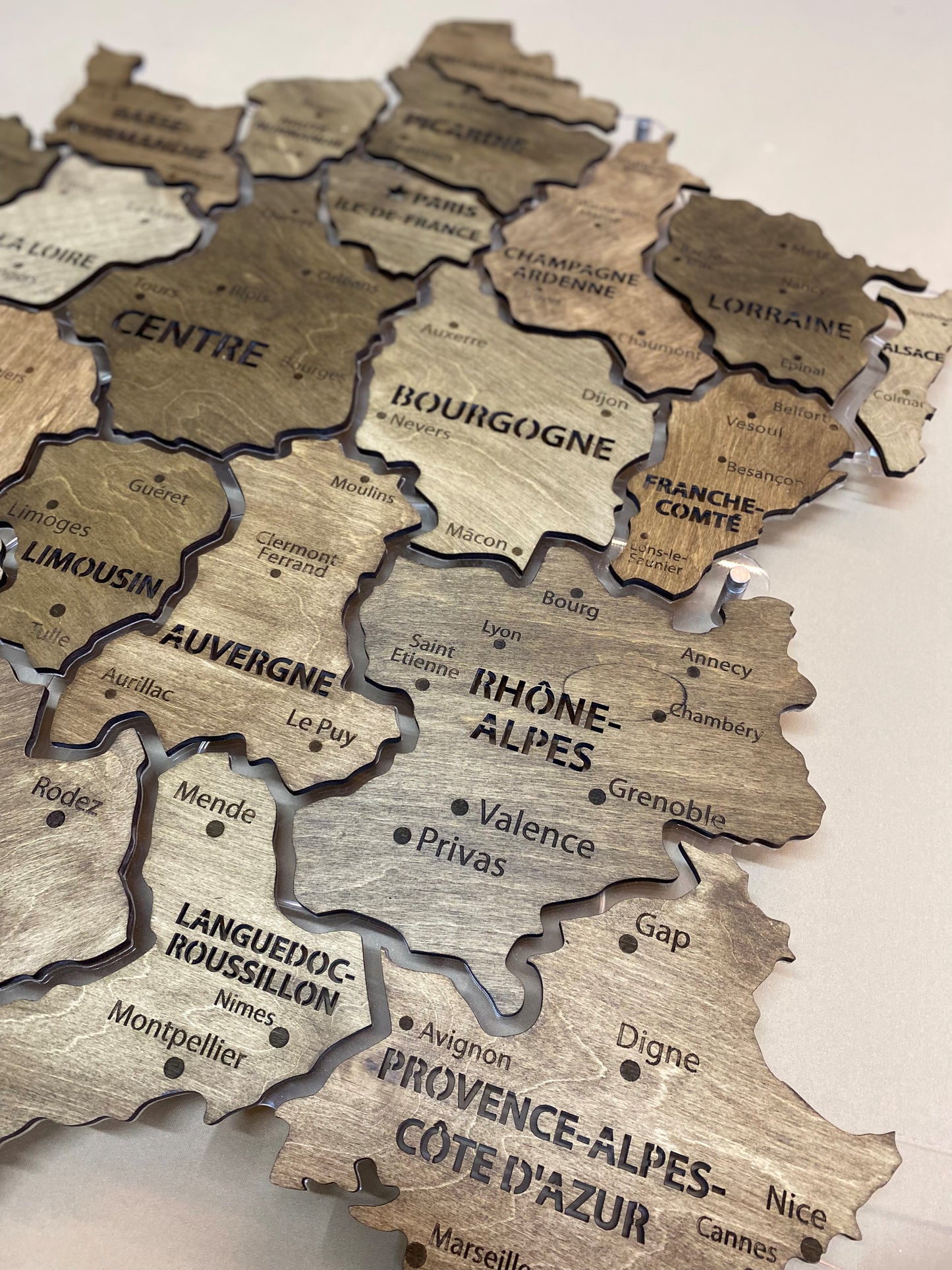 France LED map on acrylic glass with backlighting between regions color Baguette