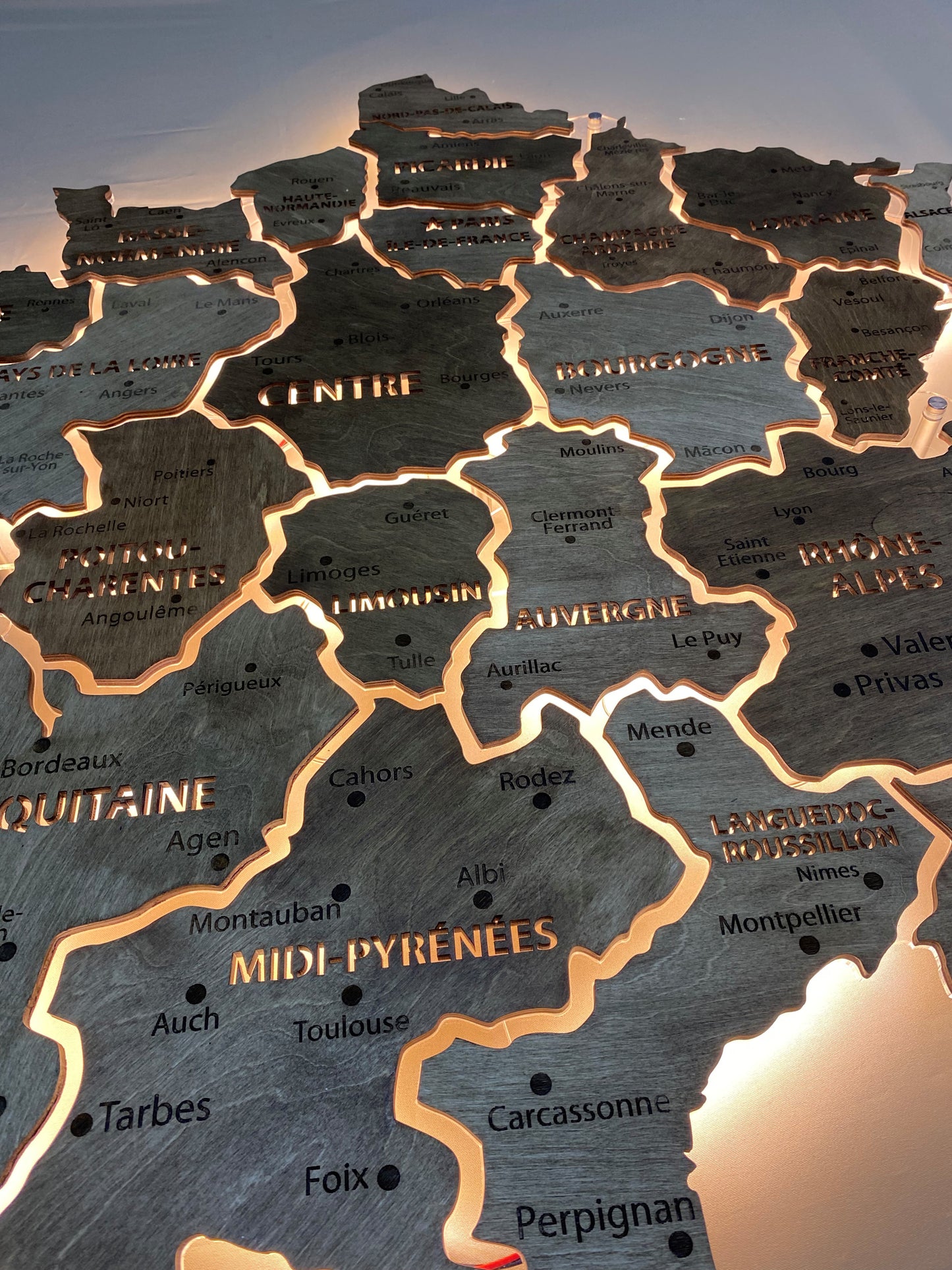 France LED map on acrylic glass with backlighting between regions color Baguette