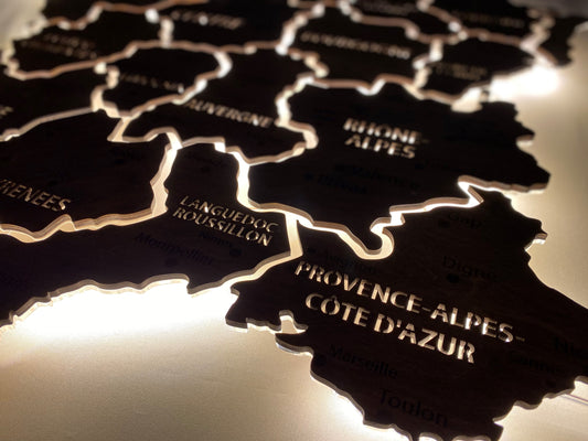 France LED map on acrylic glass with backlighting between regions color Baguette
