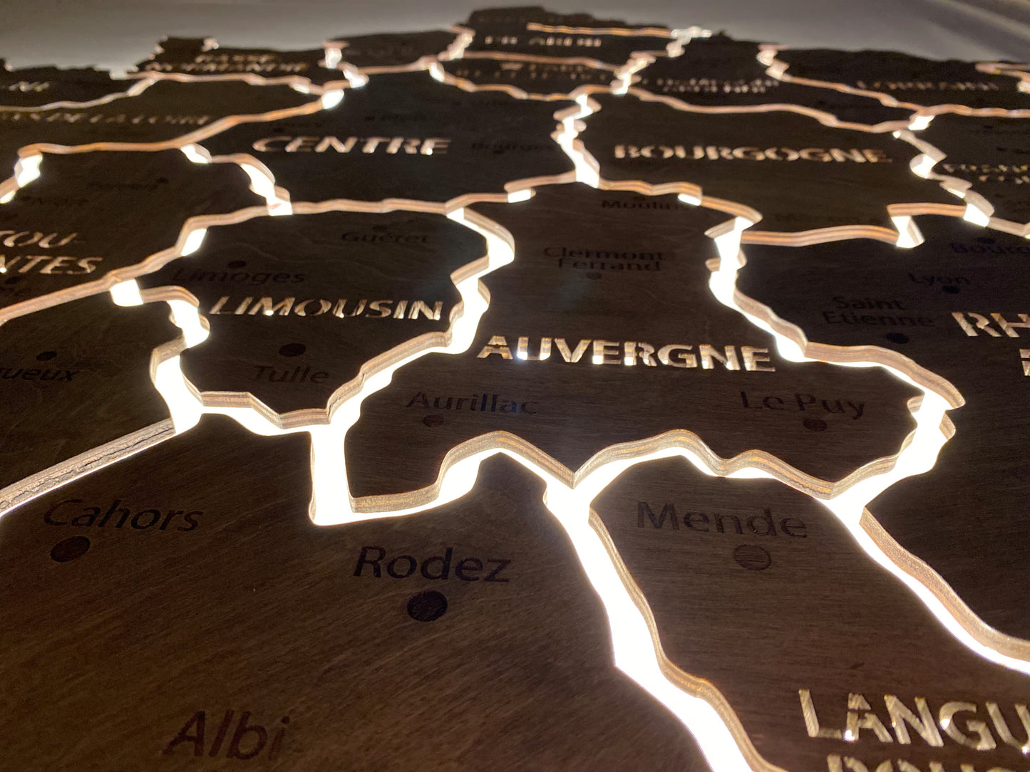 France LED map on acrylic glass with backlighting between regions color Baguette