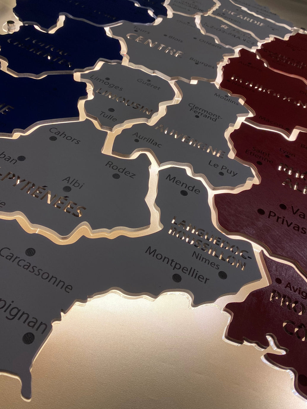 France LED map on acrylic glass with backlighting between regions color Flag