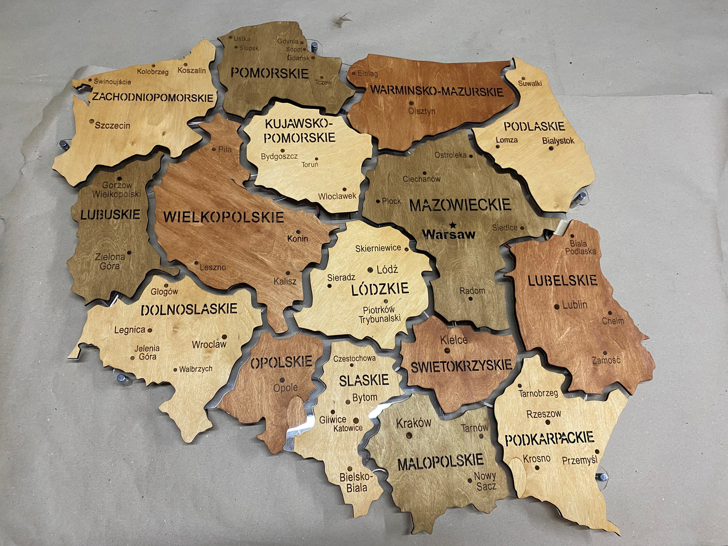 Poland LED map on acrylic glass with backlighting between regions color Soft