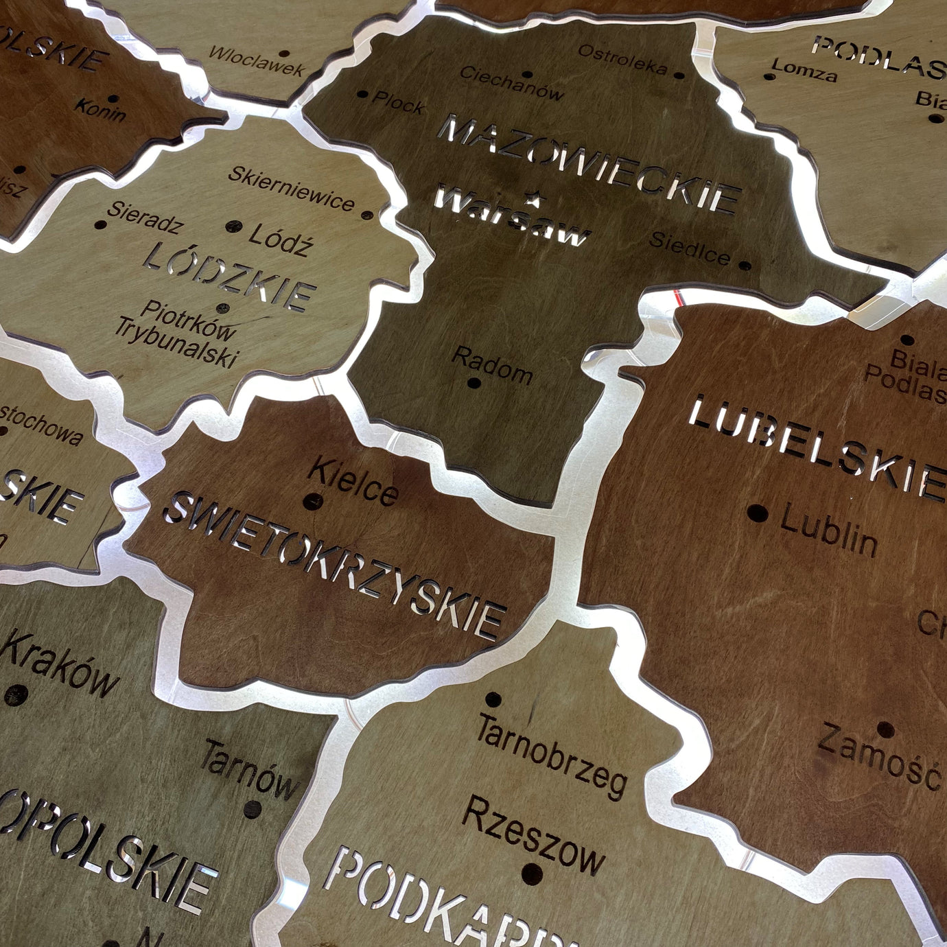 Poland LED map on acrylic glass with backlighting between regions color Soft