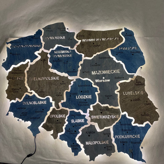 Poland LED map on acrylic glass with backlighting between regions color Lodz