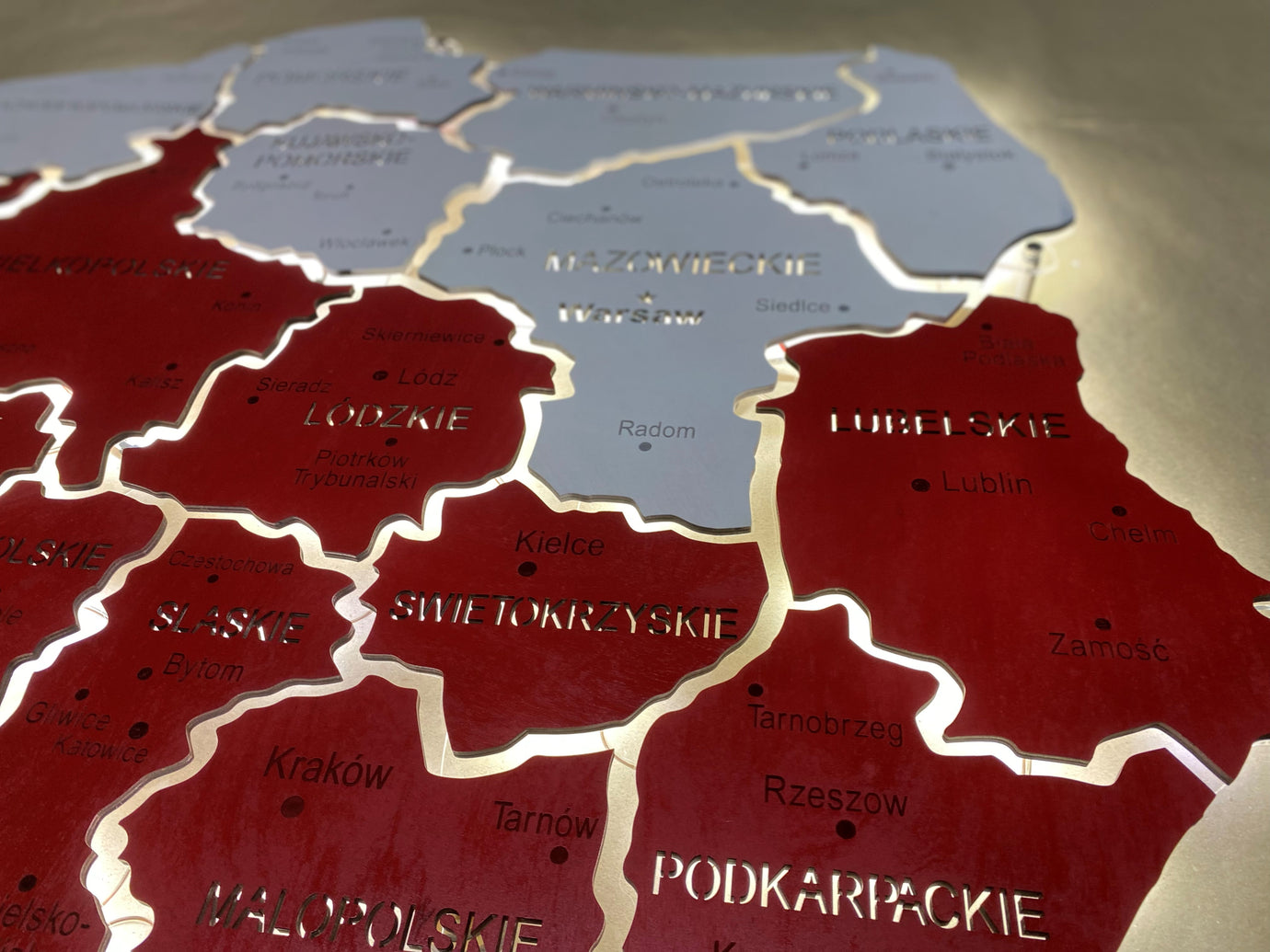 Poland LED map on acrylic glass with backlighting between regions color Flag