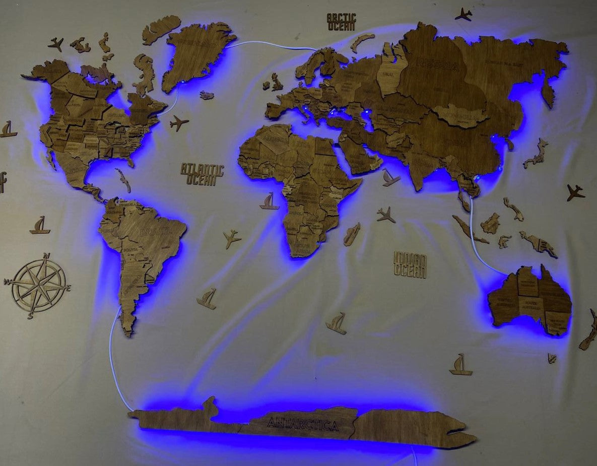 Multilayer world LED RGB map color Walnut
