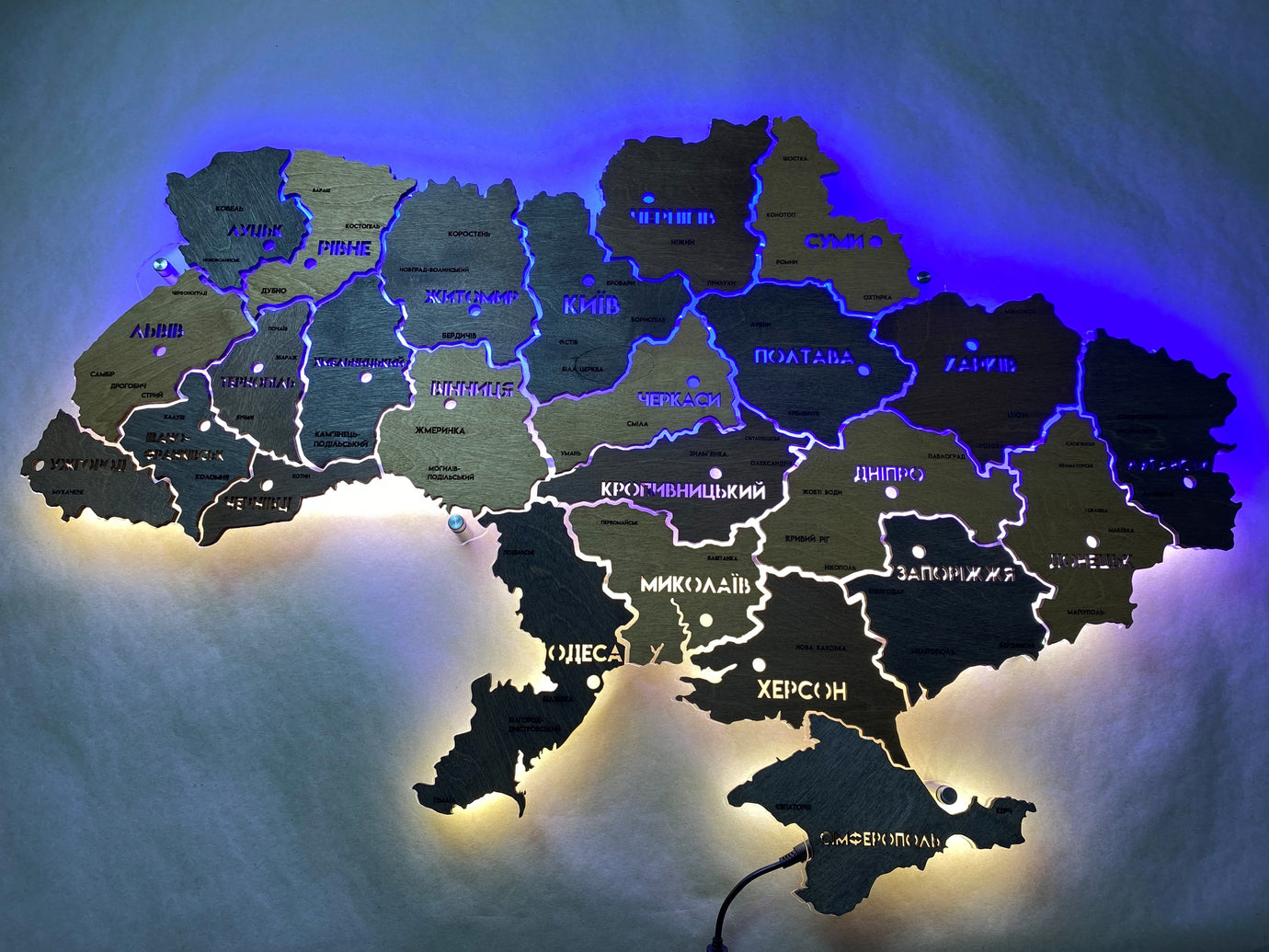 Ukraine LED map on acrylic glass with backlighting  between regions color Brut