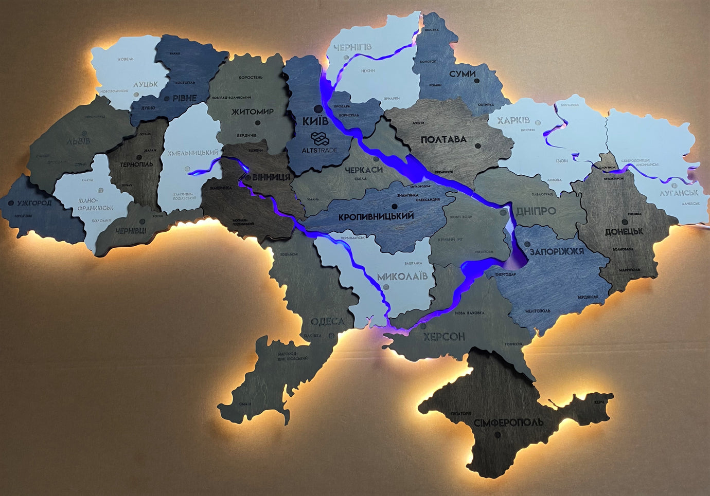 Multilayer Ukraine LED map with backlighting of rivers color Loft